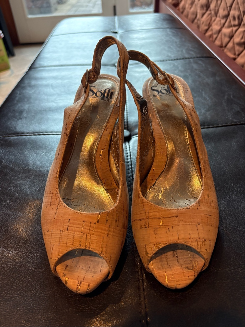 Söfft Cork Peep-Toe Slingback Heels in Tan